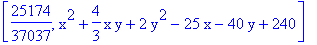 [25174/37037, x^2+4/3*x*y+2*y^2-25*x-40*y+240]